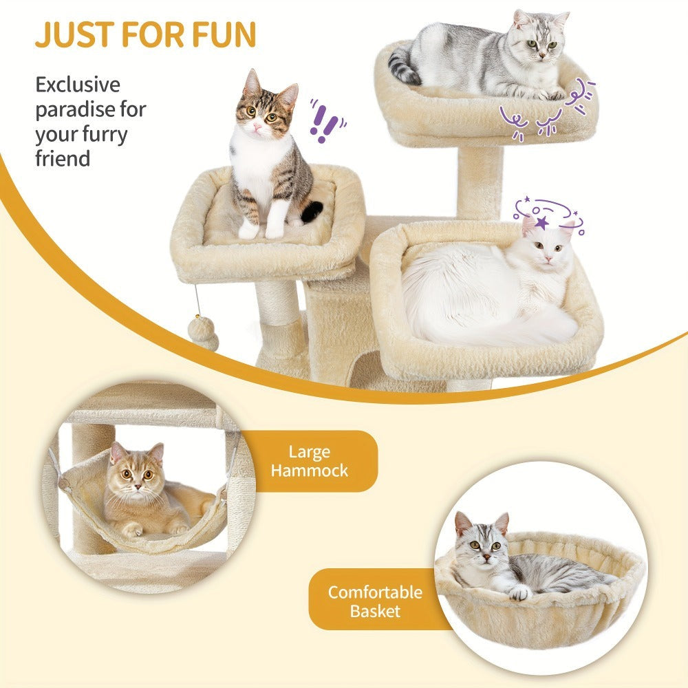 Árbol para gatos, Árbol para gatos de 176 cm, XL, 3 plataformas, 2 cuevas, 7 postes rascadores, hamaca, pelotas de felpa, poste rascador para gatos para hogares con múltiples gatos, Beige