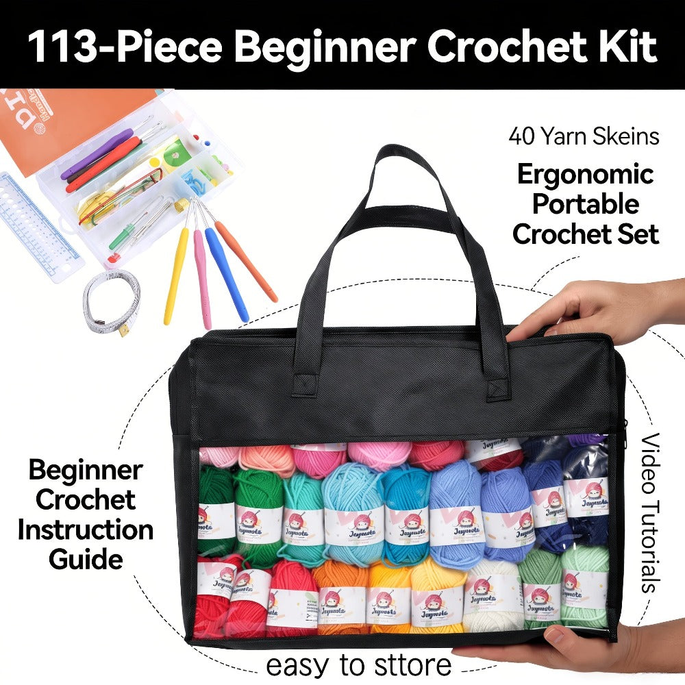 Kit de croché de 40/113 piezas con juego de hilos de 1828.8 metros surtidos para tejer y crochetear, juego de 73 accesorios de croché que incluye ganchillos ergonómicos, agujas de tejer y más, kit ideal para principiantes