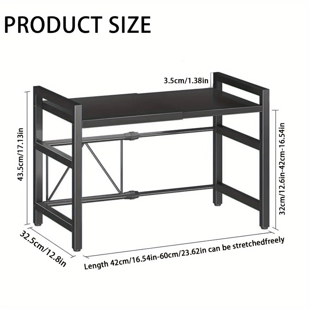 Estante de microondas extensible, estante de microondas de 2 niveles con 3 toallas, 5 ganchos, soporte para palillos y estante para tabla de cortar, organizador de cocina, estante para hornear en microondas, encimera, extensible de 40-64 cm (Negro, Blanco