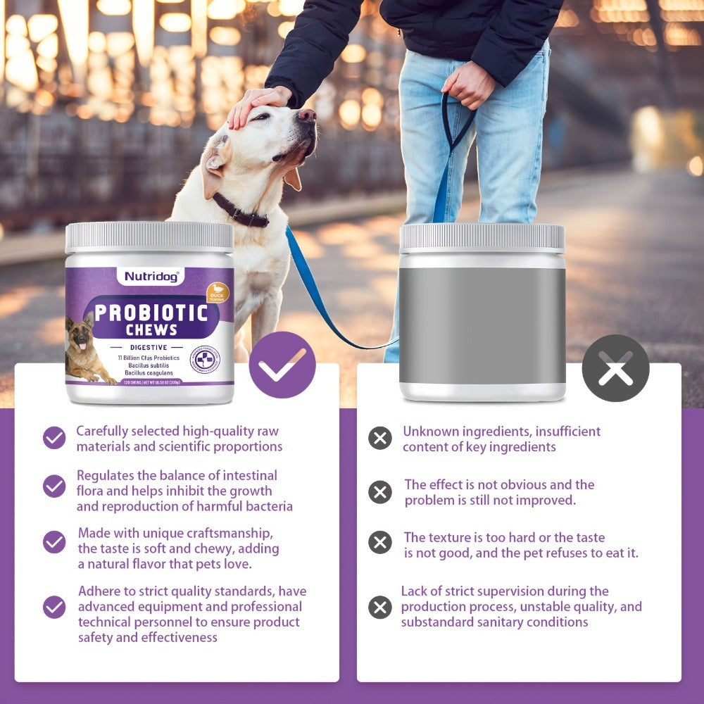 Probióticos para Perros en Masticables, Sabor a Pato - Apoya la Salud Intestinal, Equilibrio Digestivo - Masticables Suaves con Prebióticos y Probióticos (120 Unidades) (Pato)