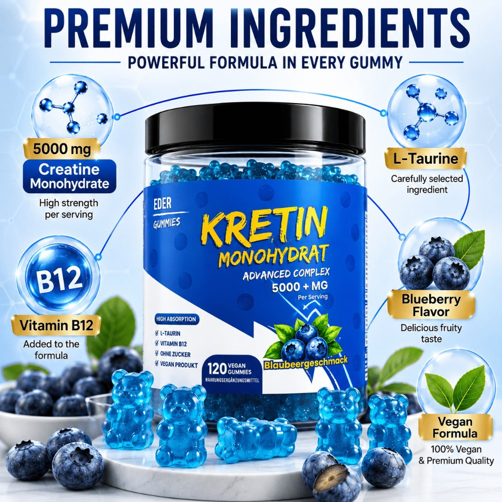 Gomitas de Monohidrato de Creatina, Sabor a Arándano sin Azúcar, 5000 mg por Porción con L-Taurina y Vitamina B12, Suplemento de Creatina Masticable de 120 Unidades para Hombres y Mujeres, No Requiere Mezcla, Soporte Diario para Entrenamiento