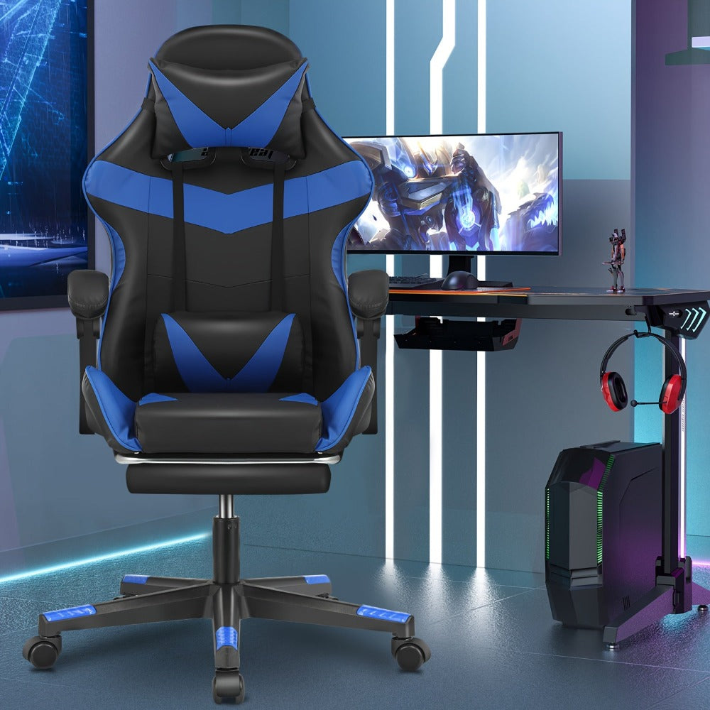 Silla Gaming, Silla de Ordenador con Cojín Lumbar, Reposacabezas, Reposapiés, Silla de Oficina Gaming Ajustable en Altura para Adultos, Niñas, Niños