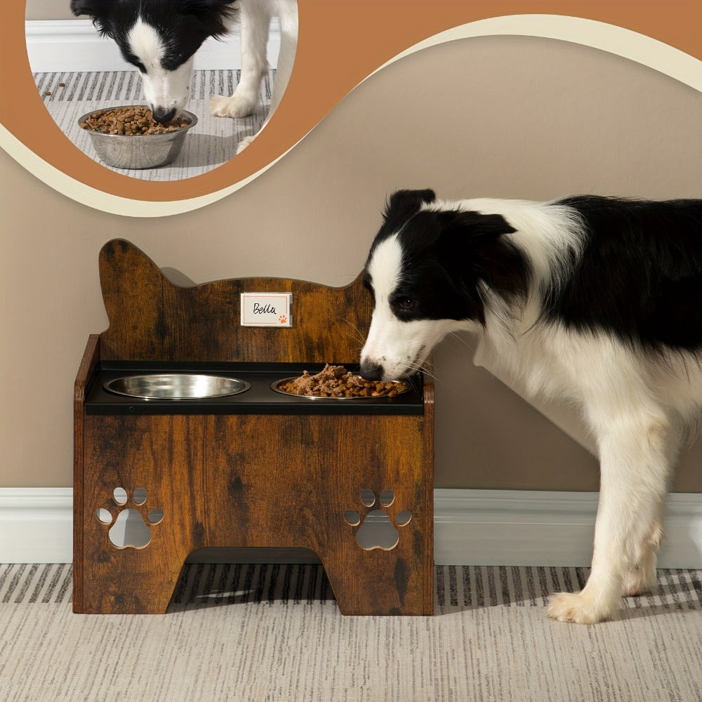 Comedero Elevado para Mascotas con Dos Tazas de Acero Inoxidable, Diseñado para Evitar Derrames, Apto para Perros de Todo Tamaño, con un Diseño Vintage Marrón y Negro