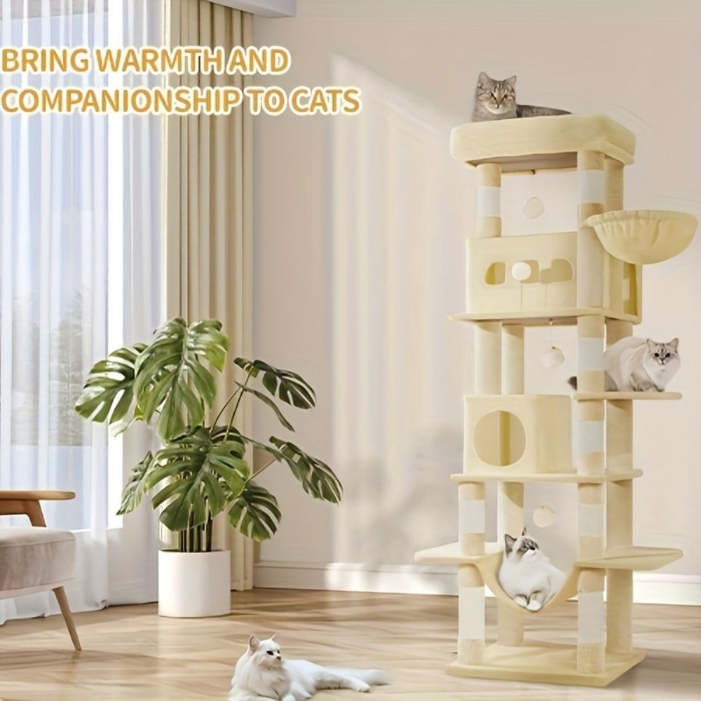 Torre para gatos de interior, 170 cm de alto, casa espaciosa de varios niveles con condominio, 8 postes para rascar, una hamaca y 4 pompones