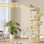 Torre para gatos de interior, 170 cm de alto, casa espaciosa de varios niveles con condominio, 8 postes para rascar, una hamaca y 4 pompones