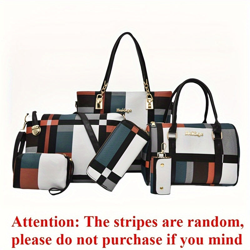 Juego de 6 piezas de bolso Vanaheimr para mujer, estampado de cuadros casual, las rayas son aleatorias, correa ajustable, cierre de cremallera, forrado, color de contraste de moda, combinación de bolso tote y bandolera de gran capacidad, ideal para regalo