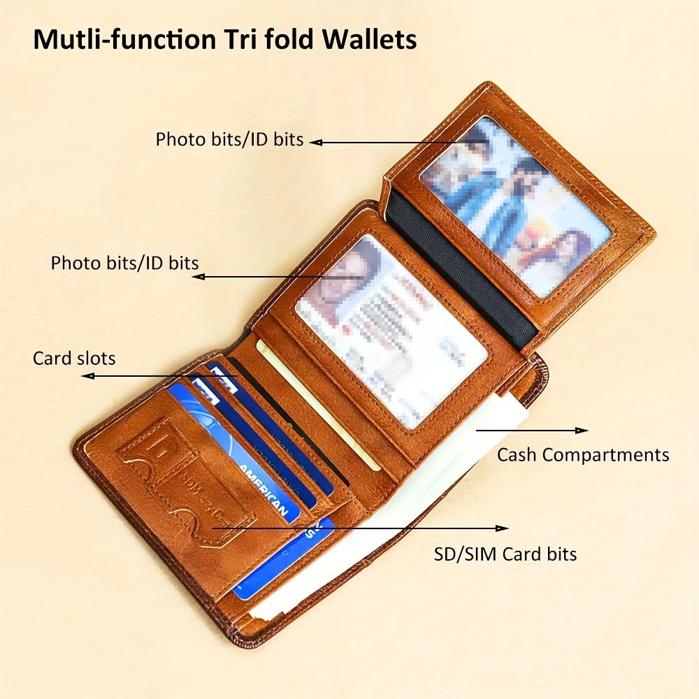 Cartera de Cuero Genuino para Hombre con Juego de Tarjetas de Bendición, Bloqueo RFID, Ultra Delgada, Piel de Vaca de Primera Calidad, Porta Tarjetas de Identificación y Crédito Multifuncional Compacto, Regalo para Navidad, Día de San Valentín y Día del P