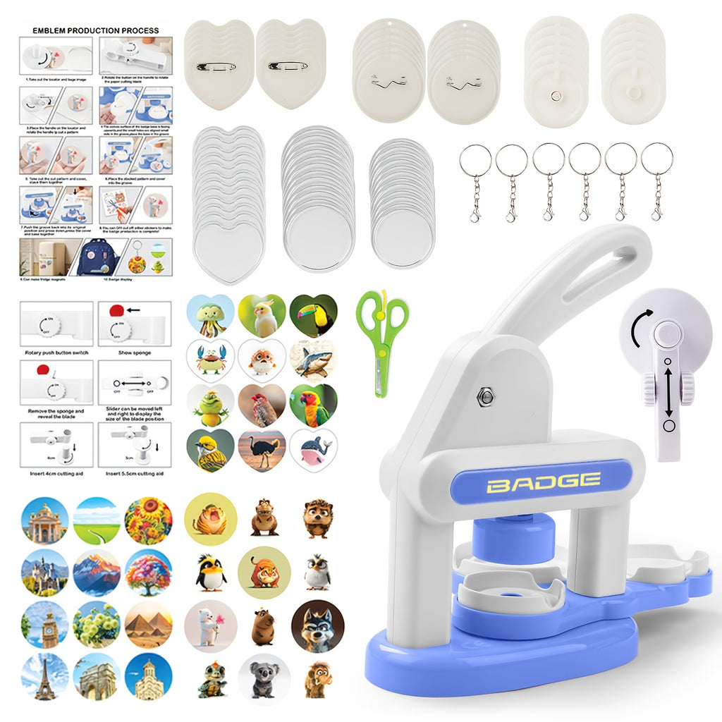 Máquina para hacer botones, 55 mm x 35 mm, kit de máquina de prensa para hacer botones magnéticos sin instalación, máquina de prensa para perforar insignias, con 12 placas para insignias de 55 mm, 12 placas para insignias de 35 mm y 12 placas para insigni