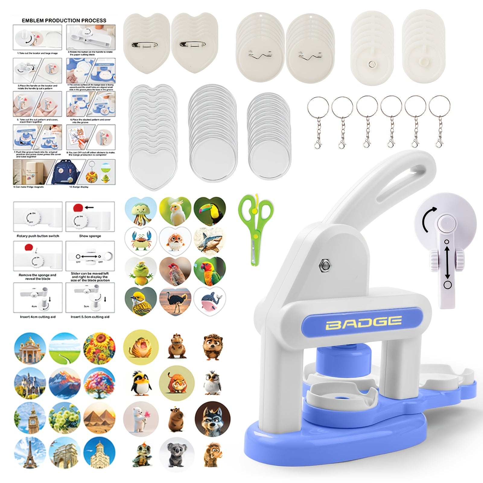 Máquina para hacer botones, 55 mm x 35 mm, kit de máquina de prensa para hacer botones magnéticos sin instalación, máquina de prensa para perforar insignias, con 12 placas para insignias de 55 mm, 12 placas para insignias de 35 mm y 12 placas para insigni