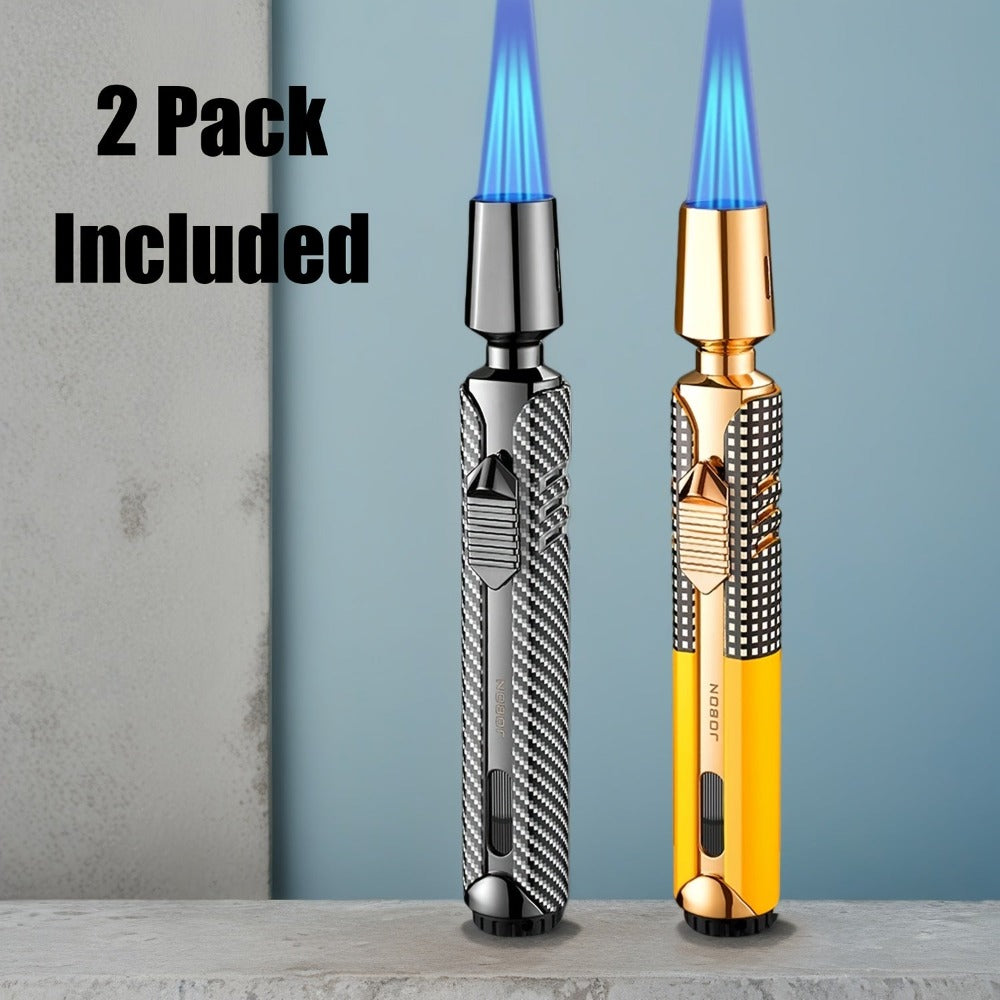 Paquete de 2 sin combustible incluido - Encendedor de chispa de combustible recargable a chorro de triple llama azul a prueba de viento de aleación de zinc, lujoso diseño de tubo largo a cuadros con depósito de combustible visible para velas, barbacoa de