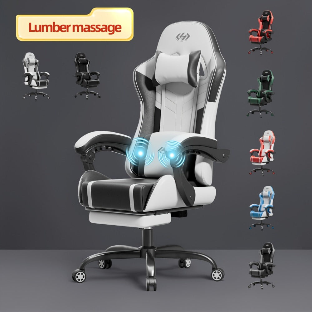 Silla Gaming con Masaje Lumbar Incorporado, Diseño Ergonómico Soporte Lumbar Ajustable y Reposacabezas, Silla de Computadora Giratoria de 360 Grados Reclinable para Oficina, Ideal para Juegos/Trabajo de Larga Duración