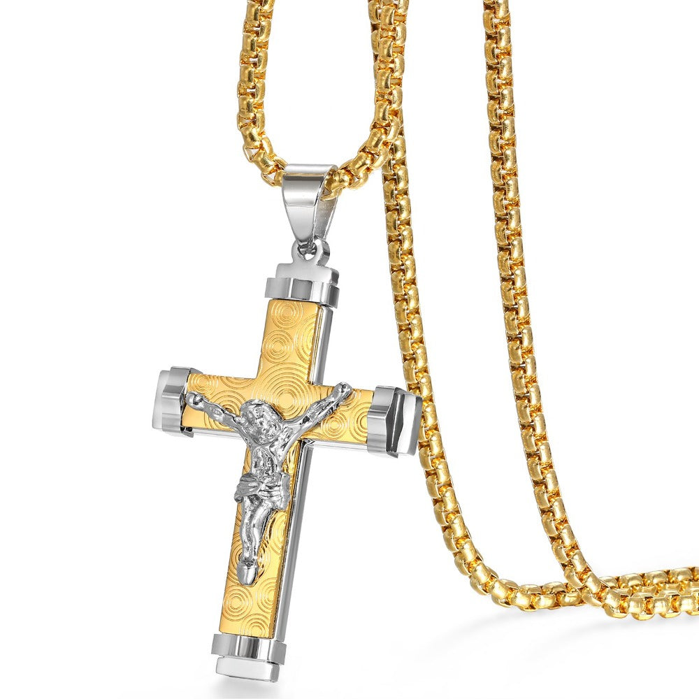 Collar con colgante de cruz de cristo con ondulaciones, acero inoxidable 304, cadena de 55.88cm para hombre