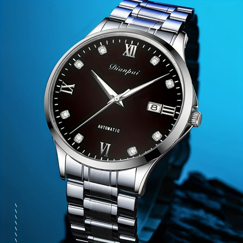 Reloj mecánico automático de negocios para hombre Dianpai, delgado de acero inoxidable con esfera luminosa y calendario, regalo ideal para hombres, sin batería