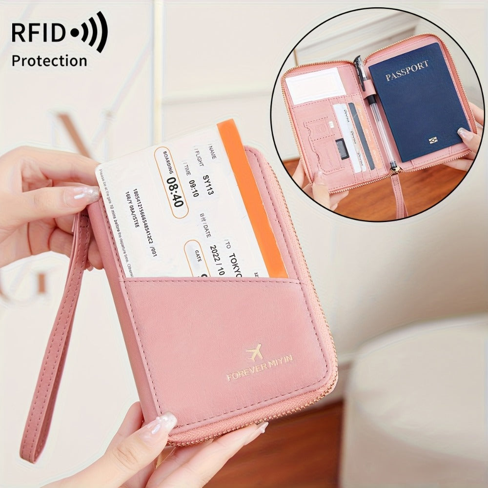 Portapassaporte RFID con cremallera y correa de muñeca, bolsa de almacenamiento multifuncional portátil para viajes, pasaporte y documentos, tarjetero