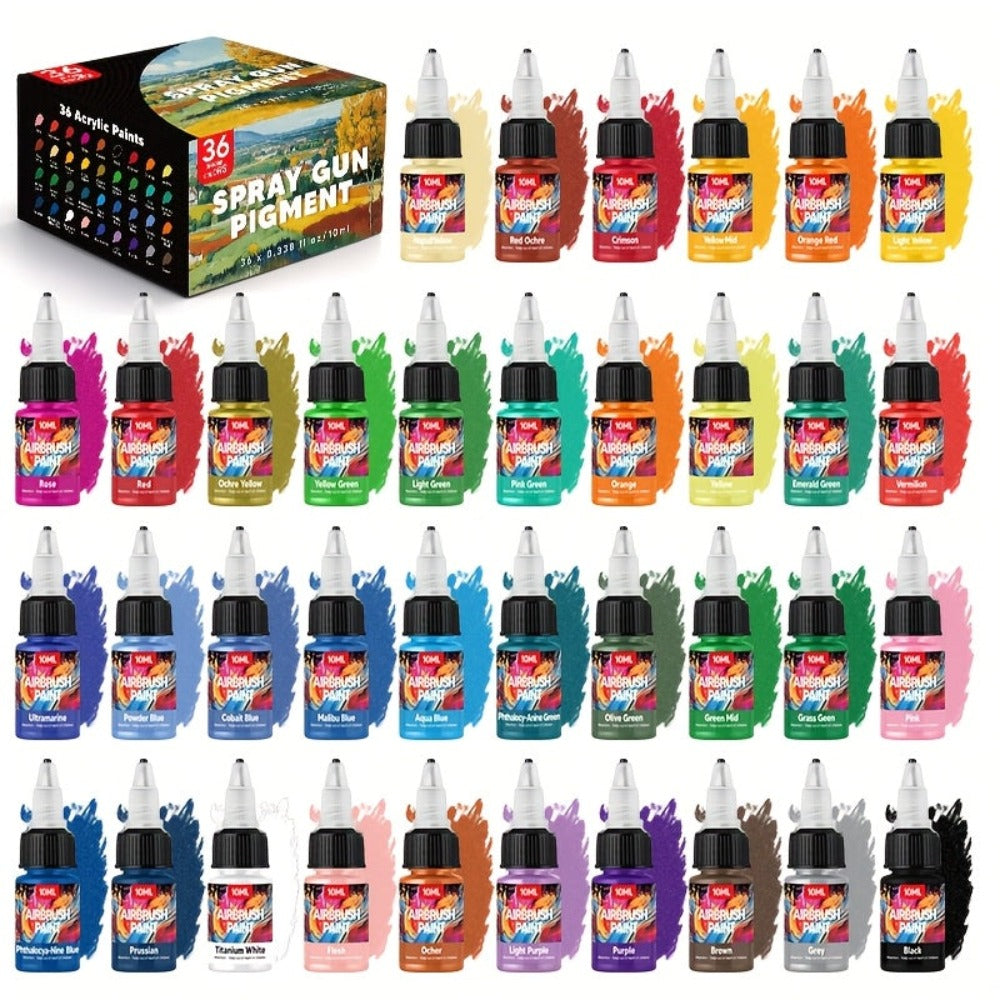 Un set de pinturas para aerógrafo en 12, 24 o 36 colores, cada una de 10 ml/0.33 oz, perfecto para diversas técnicas de pintura, incluyendo pintura al óleo, pintura a mano y proyectos. Ideal para principiantes y aficionados, así como para cerámica y arte.