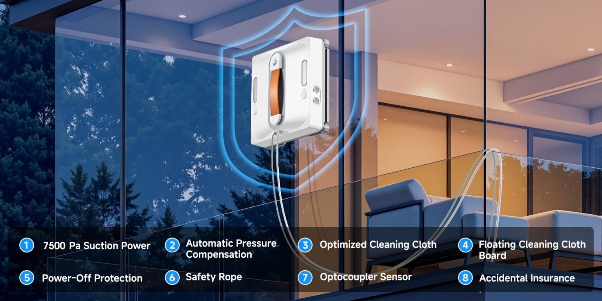 Robot de Limpieza de Ventanas Cuadrado 2025, Producto Electrónico Inteligente, Succión Grande de 7.5KPa, Planificación Inteligente de Rutas, Sistema de Protección de 8 Capas, Limpieza de Bordes, Paño Lavable, Boquillas Dobles de Doble Cara, Visualización