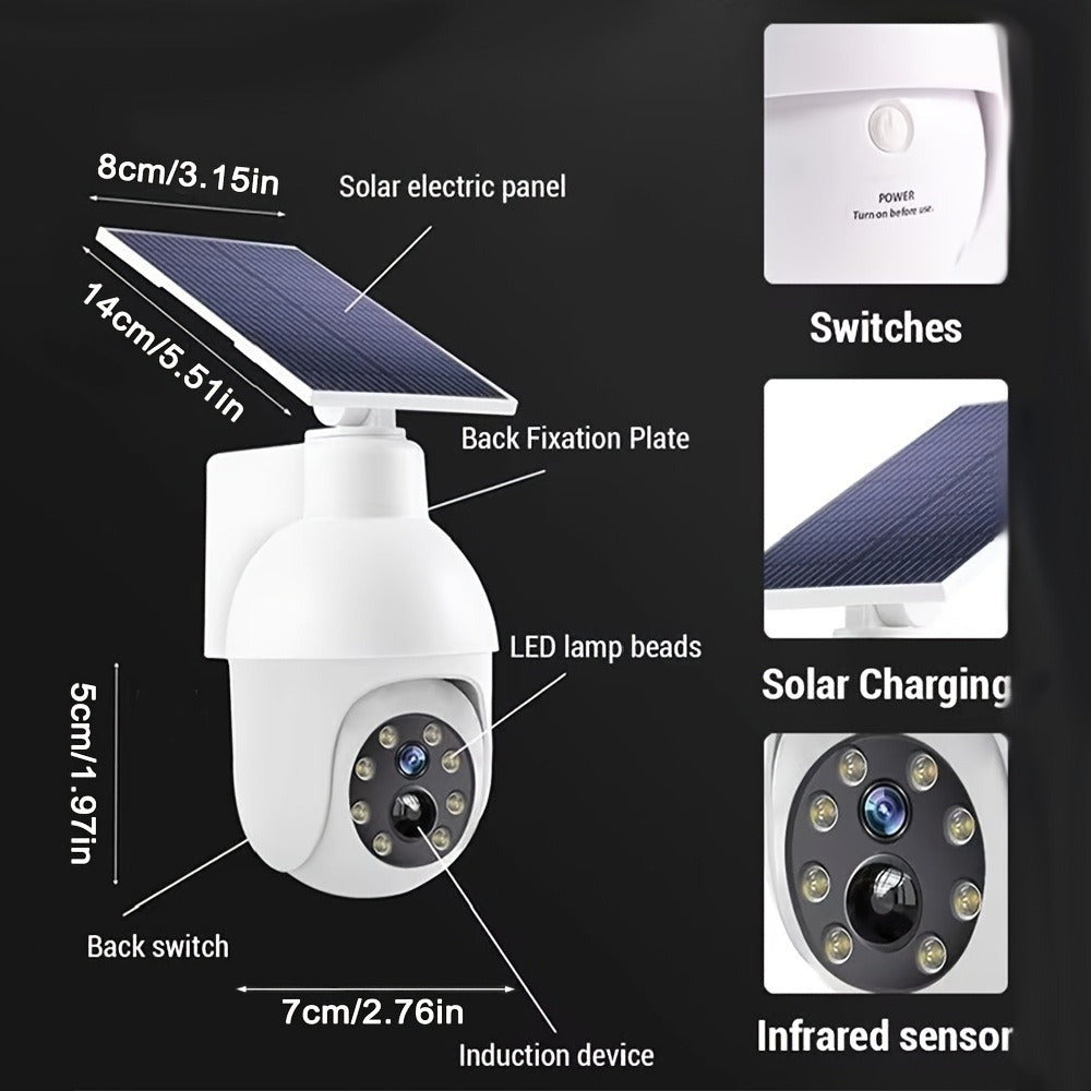 Lámpara de seguridad inteligente con energía solar, -rated; Lámpara de iluminación con sensor de movimiento con energía solar; Batería de litio de 2200 MAh, Foco de cámara de vigilancia de doble con forma realista; Sin funcionalidad de vigilancia real; Lá