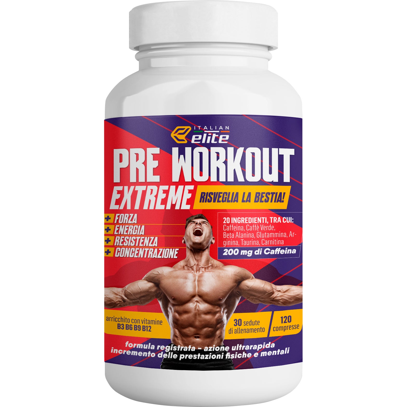Italian Elite® Suplemento de Energía, Fuerza y Concentración para Entrenamiento – 120 Tabletas con Beta Alanina, Argina, Cafeína, Glutamina, Carnitina y Vitaminas