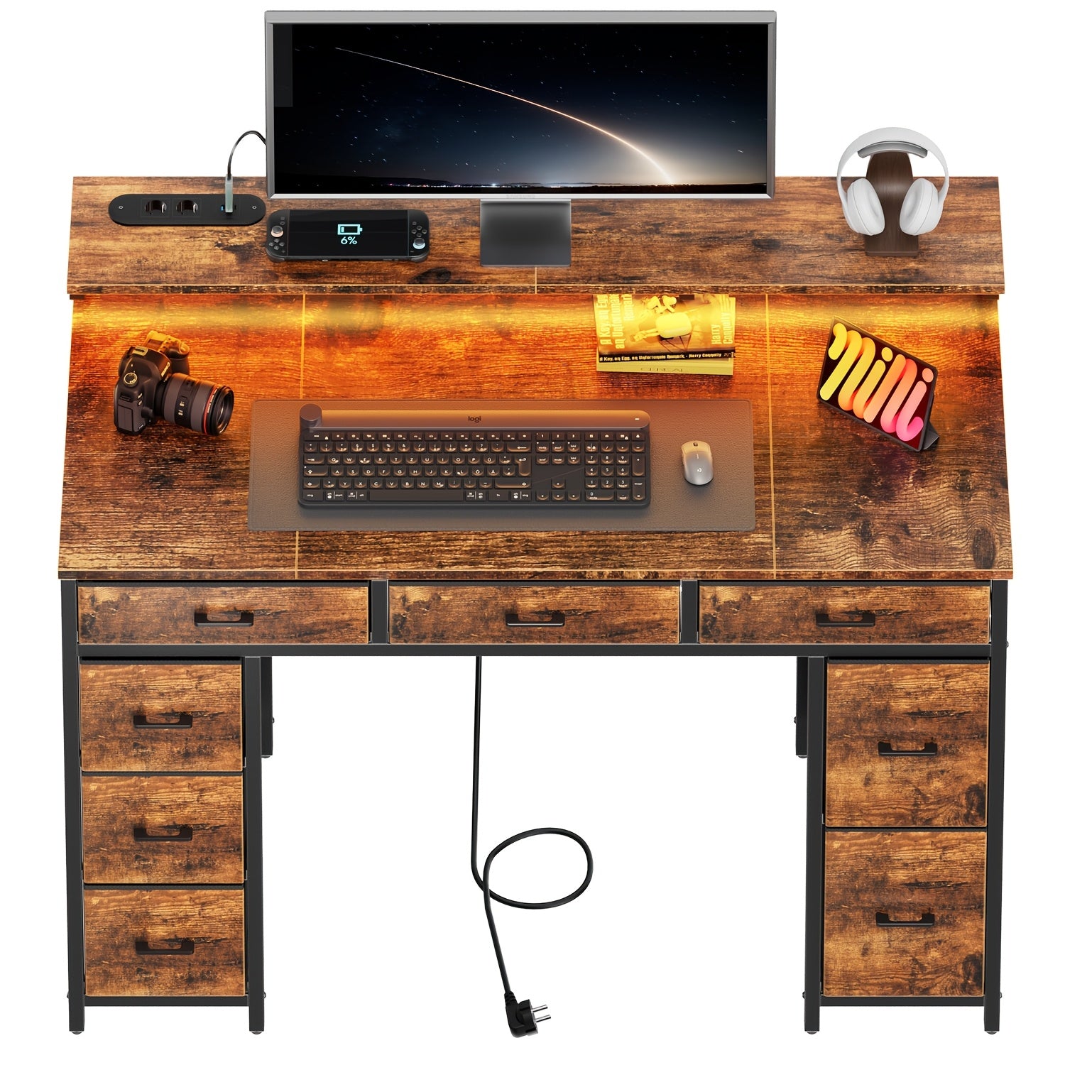 Hlfurninova Escritorio para Computadora con 8 Cajones de Almacenamiento de Tela, Escritorio para Oficina en Casa con Soporte para Monitor, Escritorio Gaming con Luces LED y Toma de Corriente, Escritorio para Estudio en el Dormitorio, 119.38 cm, 4 Colores
