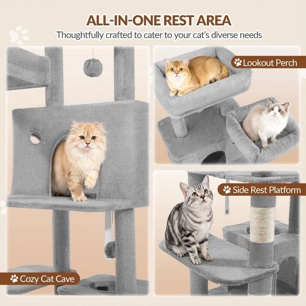 Fobyfurny Árbol para Gatos, Torre de 178cm para Gatos de Interior, Marco de Escalada para Gatos de Múltiples Niveles con Postes Rascadores, Tabla Rascadora, 2 Condominios Cómodos, 2 Perchas, Pompones, Lugar de Descanso