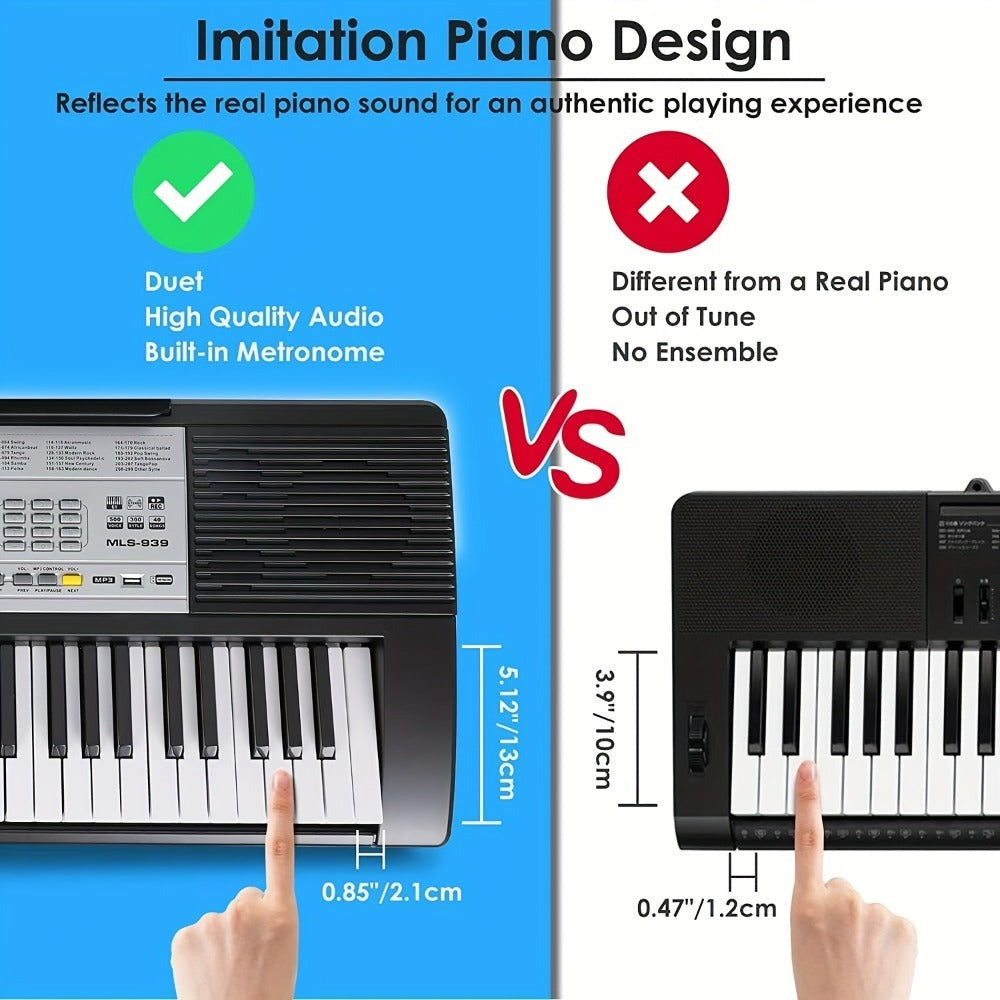 Conjunto de Piano Teclado Eléctrico de 61 Teclas, Diseñado para Principiantes, con 500 Sonidos y un Modo de Enseñanza de Tres Niveles, Incluye un Soporte, Taburete, Pantalla LCD y Atril