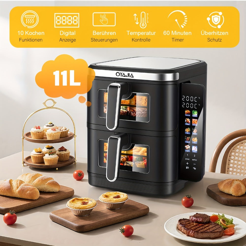 Freidora de Aire de 11L con Ventana de Fácil Visualización, Cajones Verticales Dobles, Cocción en 4 Niveles, Capacidad XXL - 2 Cestas de 5.5L, 2 Cajones y 2 Rejillas, Ahorro de Espacio, 10 Funciones, Sincronización y Compatibilidad, Libre de PFAS, 2800W