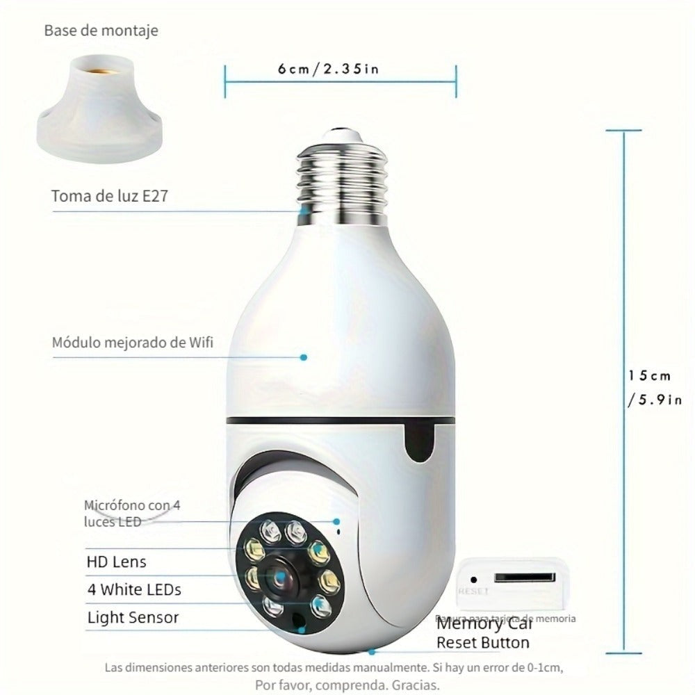 1pc Cámara de Seguridad 1080P HD Ease Life APP, Cámara Exterior Resistente a la Intemperie, Cámara Inalámbrica Wifi con Bombilla de 2.4Ghz, Enchufe de Luz E27 de 360°, Visión Nocturna a Todo Color, Detección de Movimiento, Vigilancia Doméstica, Regalo de