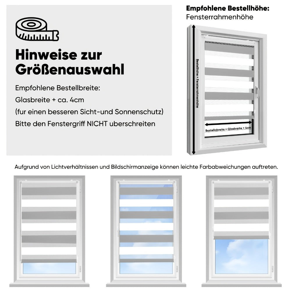 Persianas enrollables dobles Sekey con fijación de clip (no requiere taladrar) para ventanas, persianas enrollables dobles de dos tonos, persianas enrollables duo, protección solar, blanco y gris claro, marrón claro y gris-marrón, verde y verde claro