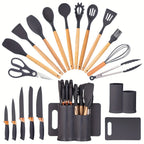 Juego de 19 piezas de cuchillos de cocina modernos y utensilios de cocina - Colección de hojas profesionales con mangos ergonómicos - Accesorios de cocina de alta calidad con soporte de almacenamiento - Herramientas de corte de espiga completa y esenciale