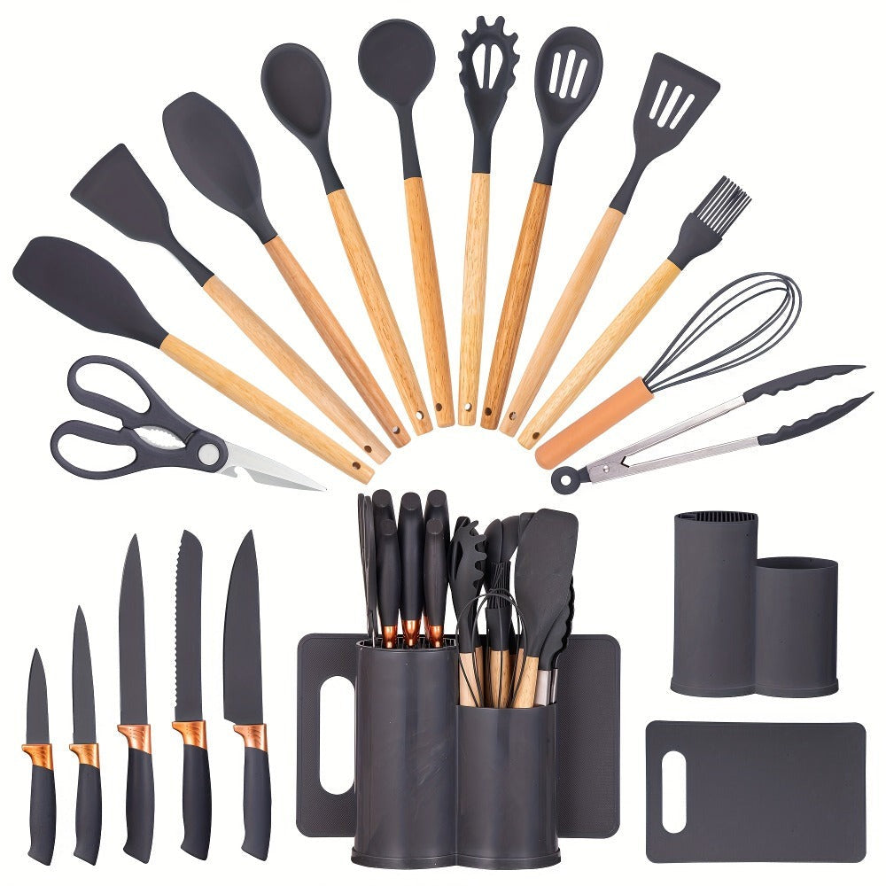 Juego de 19 piezas de cuchillos de cocina modernos y utensilios de cocina - Colección de hojas profesionales con mangos ergonómicos - Accesorios de cocina de alta calidad con soporte de almacenamiento - Herramientas de corte de espiga completa y esenciale