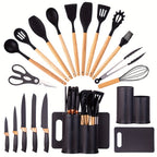 Juego de 19 piezas de cuchillos de cocina modernos y utensilios de cocina - Colección de hojas profesionales con mangos ergonómicos - Accesorios de cocina de alta calidad con soporte de almacenamiento - Herramientas de corte de espiga completa y esenciale