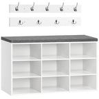 Juego de Zapatero para Armario, Banco para Zapatos con 9 Estantes, Zapatero con Banco Acolchado, Perchero de Pared con 9 Ganchos, Zapatero para Pasillo, Entrada, Dormitorio, Blanco