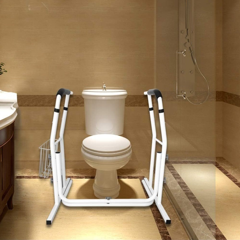 Soporte de baño móvil, ayuda de pie, ajustable en altura, con cesta de almacenamiento, barra de sujeción de baño, blanco