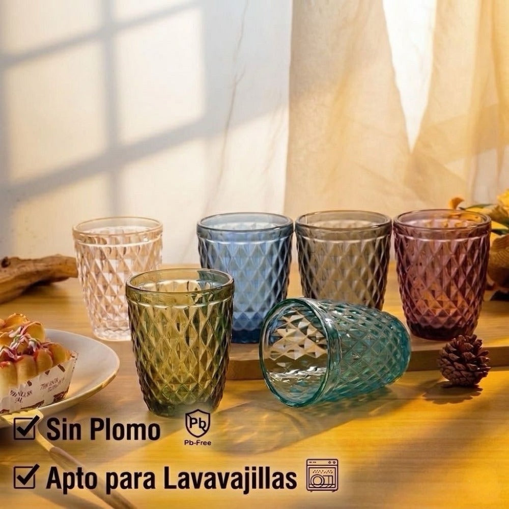 TRESV Set de 6 Vasos de Cristal 250ml | Diseño de Diamante Elegante | Aptos para Lavavajillas | Vidrio Sin Plomo para Agua y Refrescos