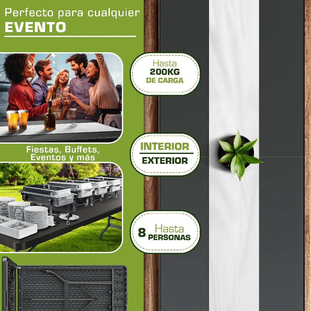 tillvex® Mesa de jardín plegable 180x75cm, resistente a la intemperie | Mesa de camping y buffet de plástico con asa | Para jardín, terraza, camping, balcón, 6 personas, negro