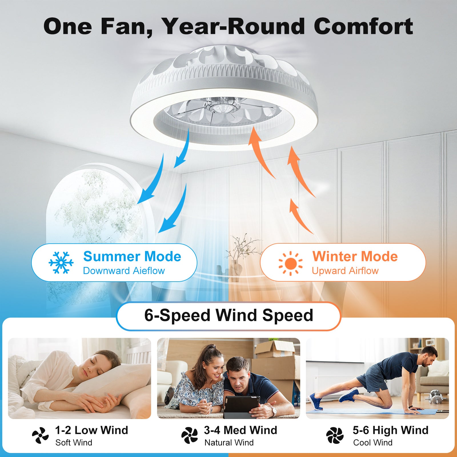 Ventilador de techo Ateroll con iluminación, diámetro 46 cm, ventilador de techo RGB con luz y control remoto, 6 niveles de viento, 3000 K - 6500 K, LED regulable, temporizador silencioso, luz de techo con ventilador para dormitorio, sala de estar
