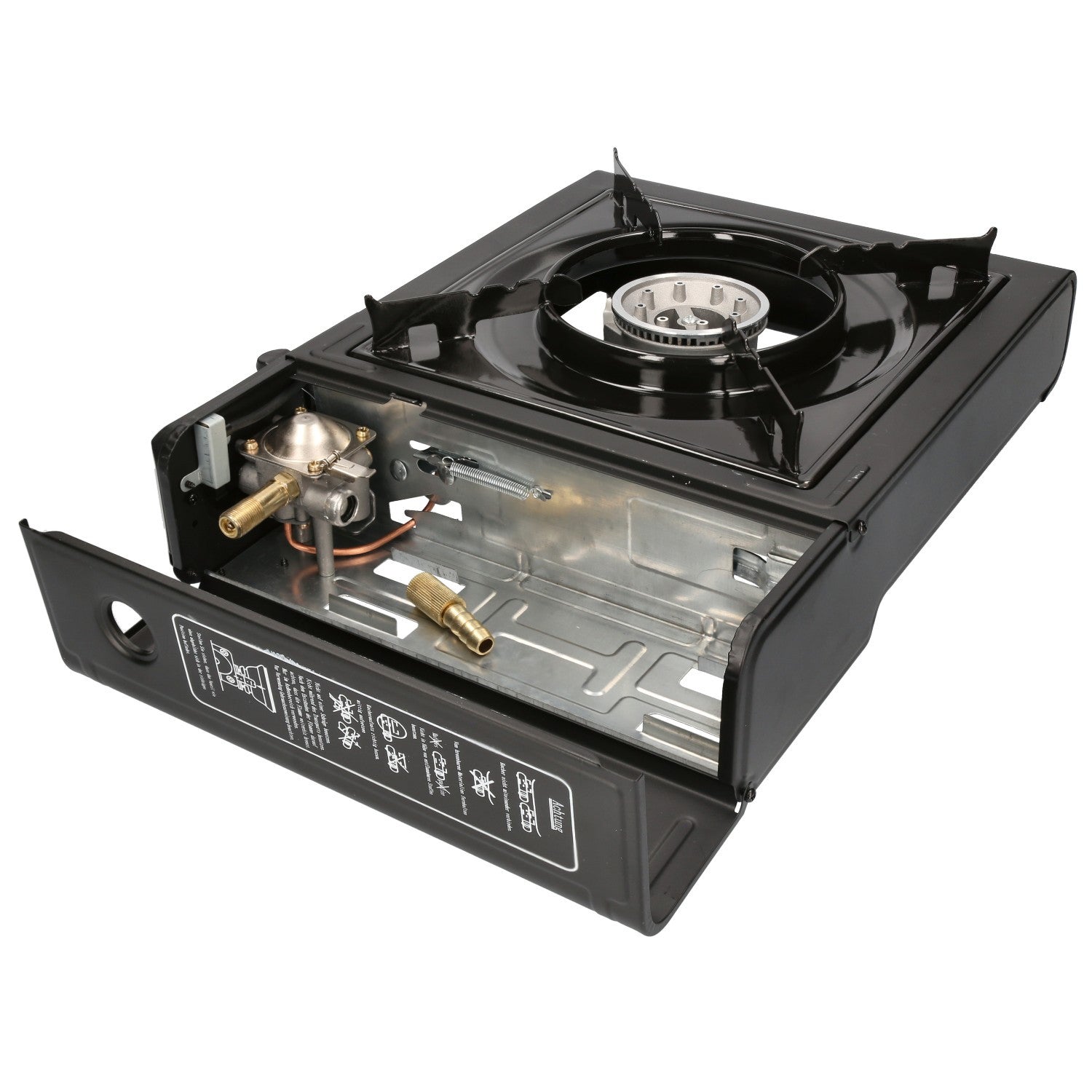ZMC Estufa de Camping de 1 Quemador 2.2 kW con Encendido Piezoeléctrico, Adaptador para GLP y Estuche de Transporte – Estufa Portátil de Acero Inoxidable para Camping, Exteriores, Jardín, Balcón y Cocina de Emergencia en Interiores | Diseño Robusto, Contr