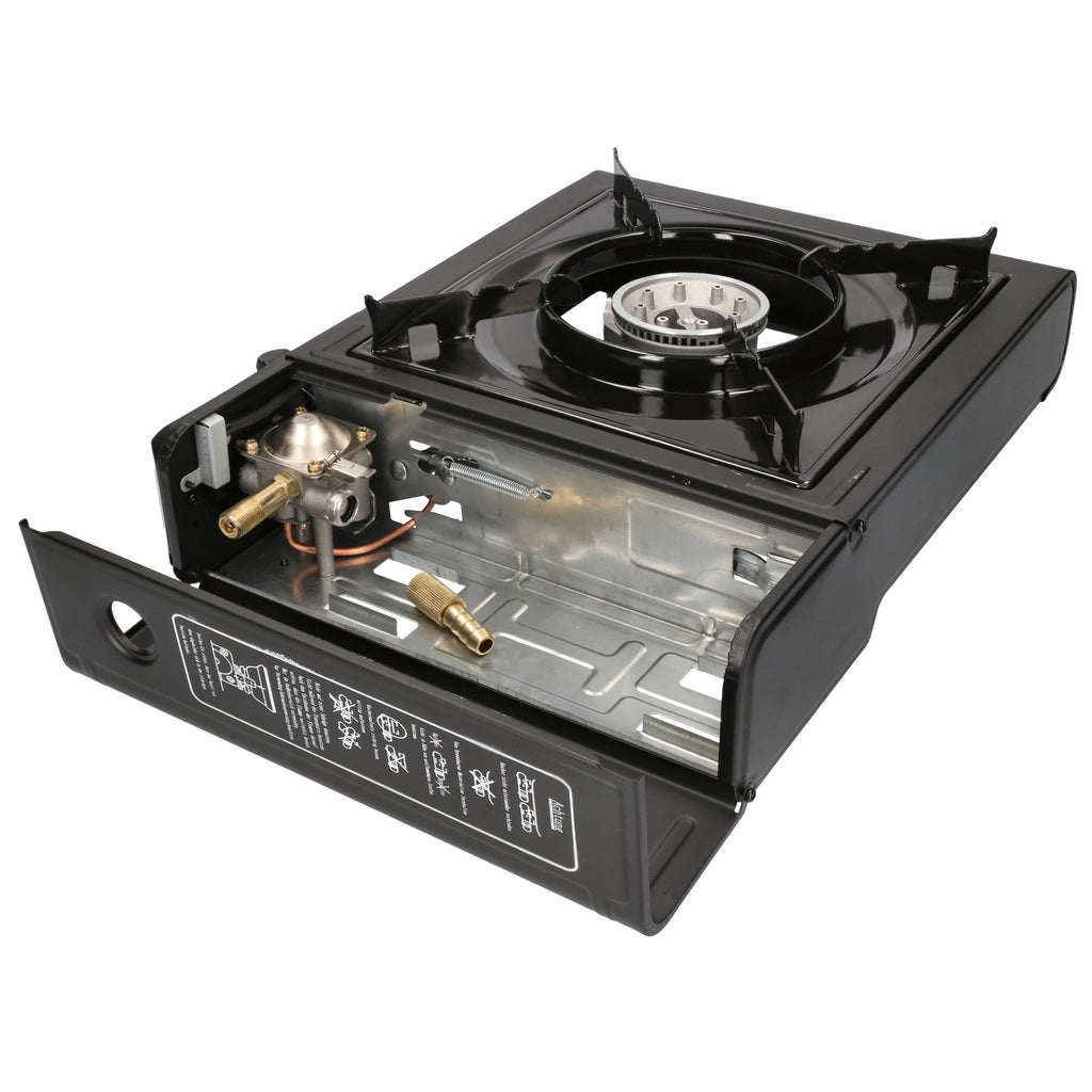 ZMC Estufa de Camping de 1 Quemador 2.2 kW con Encendido Piezoeléctrico, Adaptador para GLP y Estuche de Transporte – Estufa Portátil de Acero Inoxidable para Camping, Exteriores, Jardín, Balcón y Cocina de Emergencia en Interiores | Diseño Robusto, Contr