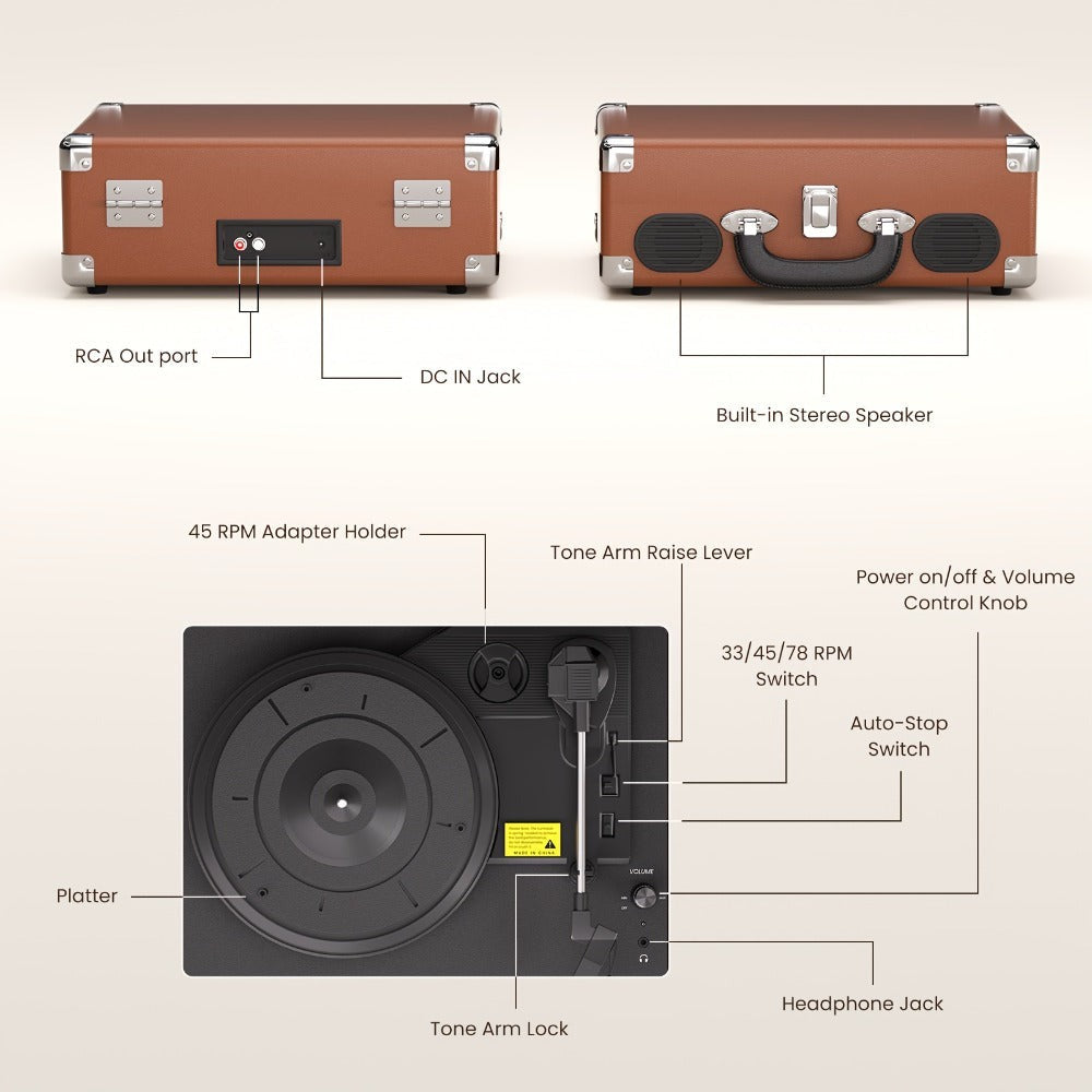 Maio S100 Gramófono Vintage, Disco de Vinilo, Tornamesa, Dispositivo de Gramófono, Estéreo de Alta Fidelidad, Altavoz Incorporado, 3 Velocidades, Gramófono Vintage Accionado por Correa, Salida de Música de 3.5 mm, Se Puede Conectar a Altavoces Externos, E