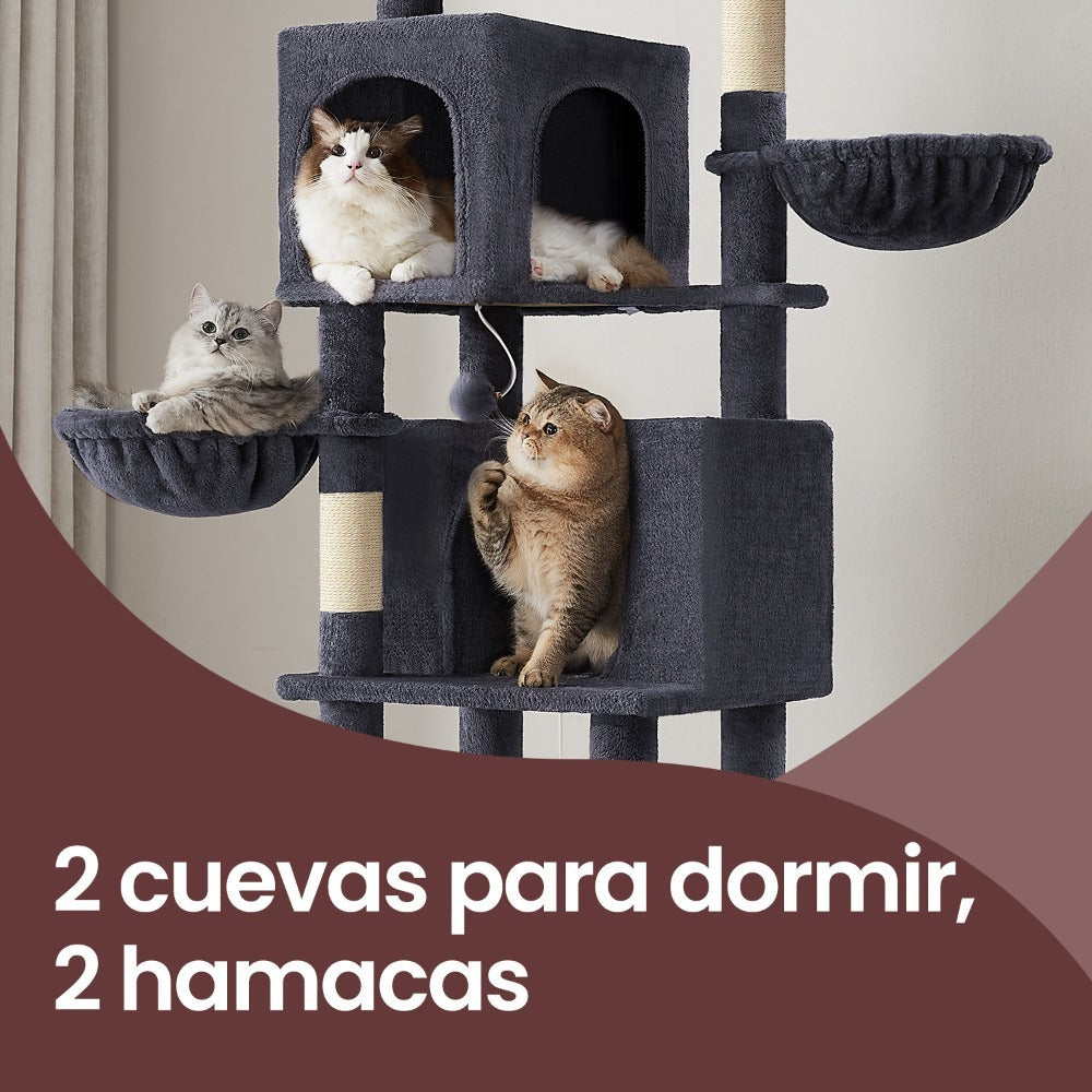 Árbol para Gatos de 175 cm, Torre Multinivel, 2 Niveles, 2 Hamacas, 5 Postes Rascadores, Cepillo, Plataformas, Regalos de Navidad
