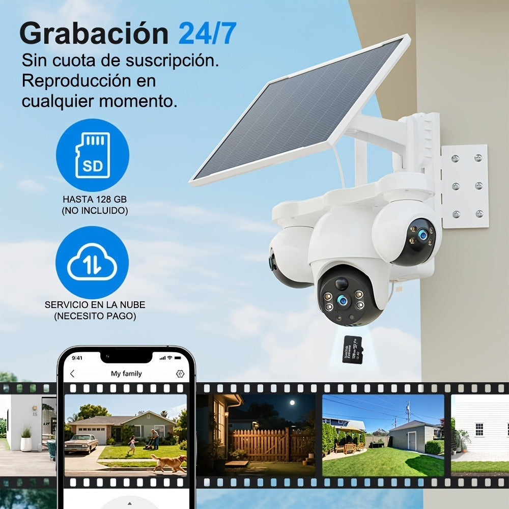 Cámara de seguridad solar solar exterior de 8MP con triple lente y triple vista 4G, videovigilancia, rotación panorámica-inclinable PTZ 360°, seguimiento de movimiento, detección humana PIR, audio bidireccional, visión nocturna a todo color, notificacione