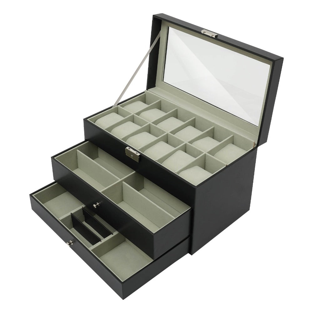 Caja de Joyería, Estuche de Almacenamiento de Joyería con 2 Cajones, Organizador de Joyería de 3 Niveles, Estuche de Reloj con 12 Ranuras, Gabinete de Joyería de Escritorio para Pendientes y Anillos, Gran Regalo, Negro