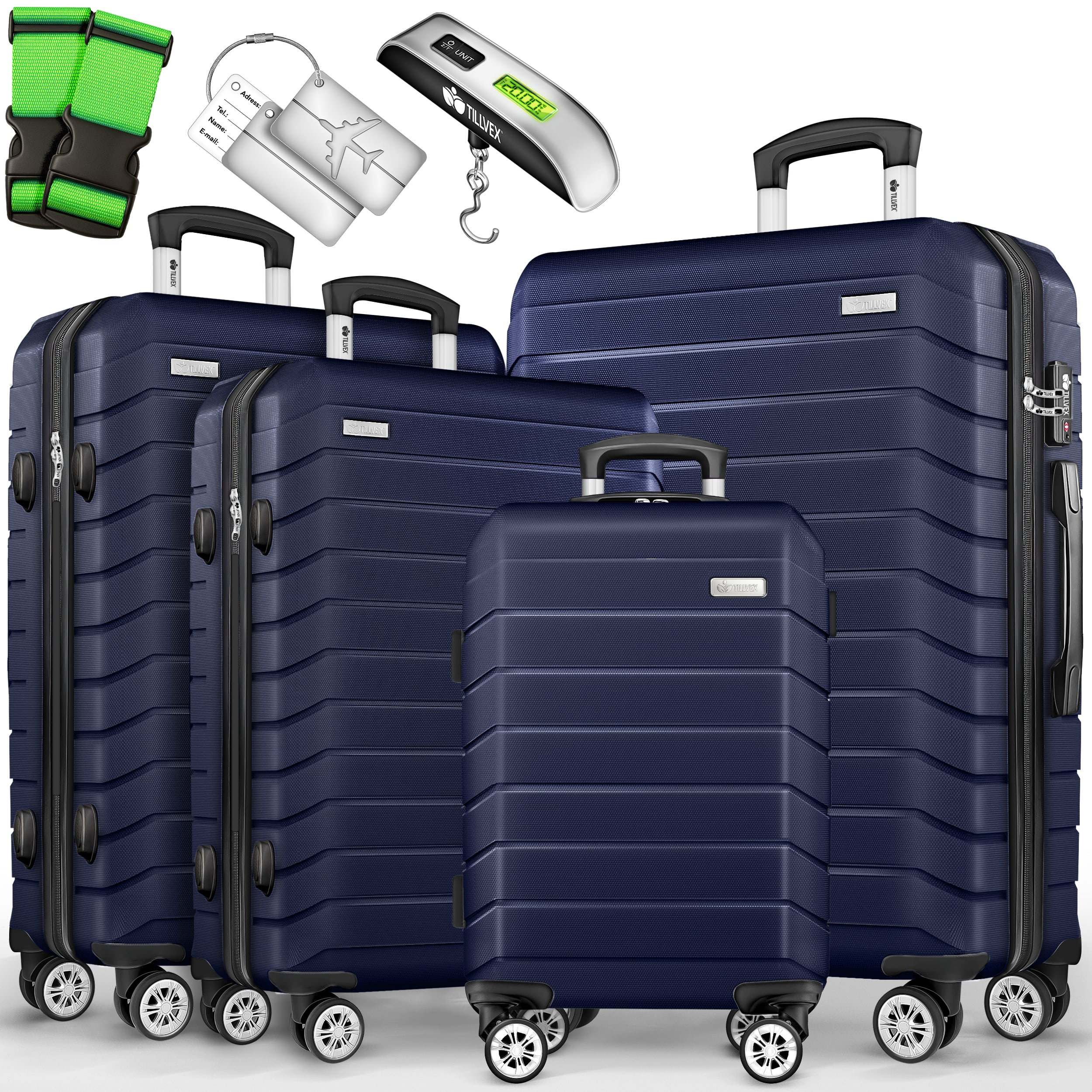 Tillvex® Juego de Equipaje de Viaje con Báscula, Correas y Etiquetas | Maleta de 4 Ruedas | Equipaje con Candado TSA | Juego de Maletas de Carcasa Dura