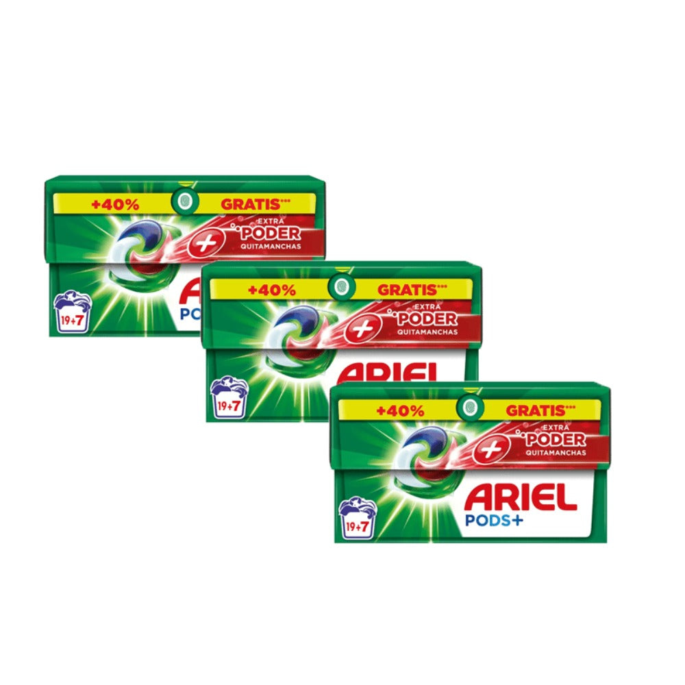 Pack De Ariel All-in-One Detergente Lavadora Líquido en Cápsulas/Pastillas,19+7 ( 26-130) Lavados, Más Poder Extra Quitamanchas, Limpieza Profunda