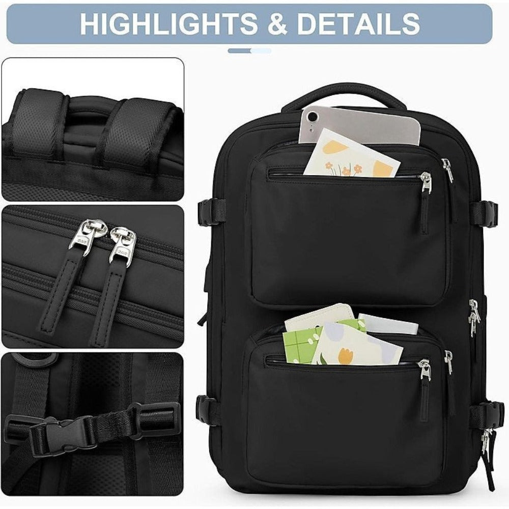 Mochila de Viaje para Cabina de Avion 45x32x18 para Vuelo Barato Equipaje de Mano y Espaciosa con Compartimento para Zapatos y Mochila Antirrobo Multifuncional para Viajes 2210.Travel Bag, Antirrobo, Negro, Bolsa de viaje