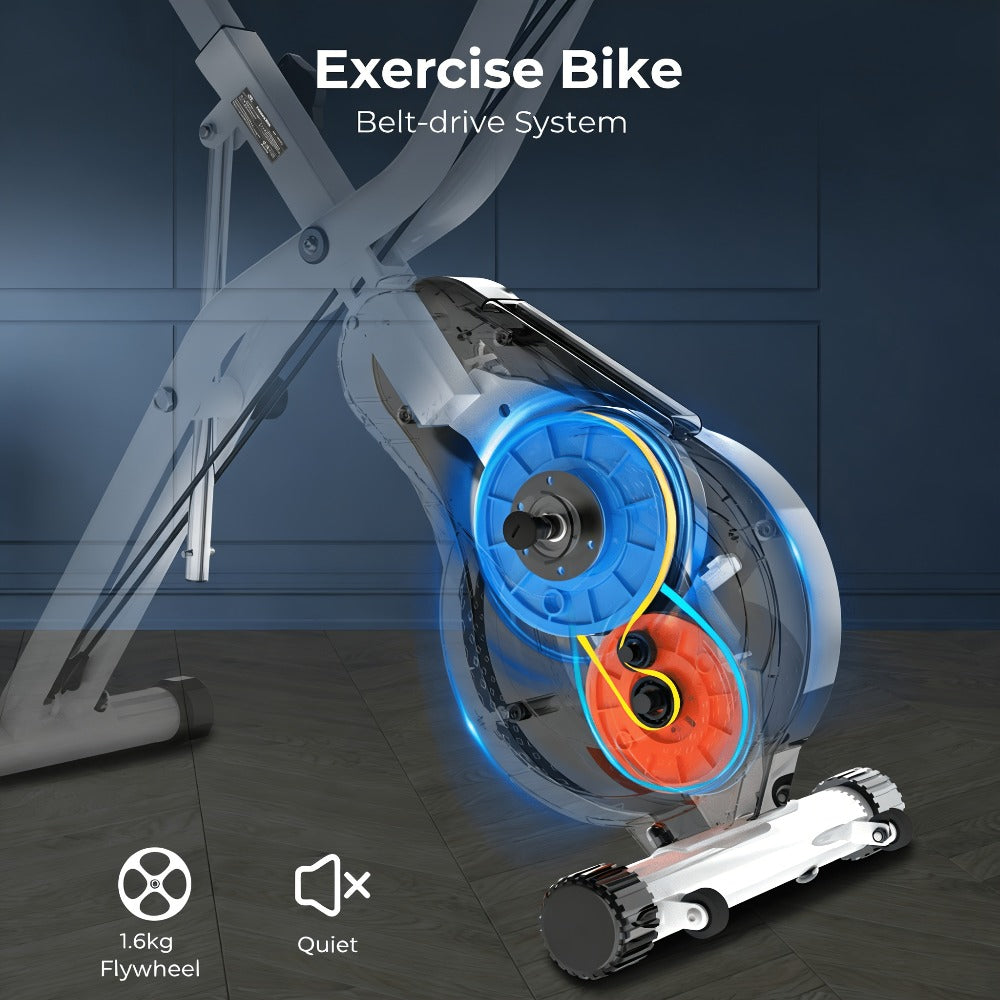 Bicicleta estática plegable de interior Micyox MX711 con asiento extragrande, 16 niveles de resistencia, pantalla, sensor de frecuencia cardíaca, equipo de fitness que ahorra espacio