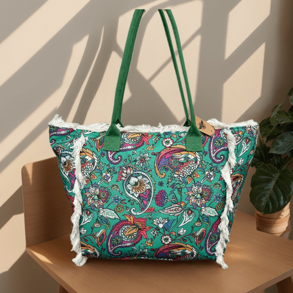 MEJORADA Bolso de Playa Grande con Estampado Colorido y Flecos, Estilo Tote con Forro Interior, Tamaño 55x35x20 cm - Ideal para Playa, Piscina y Viajes
