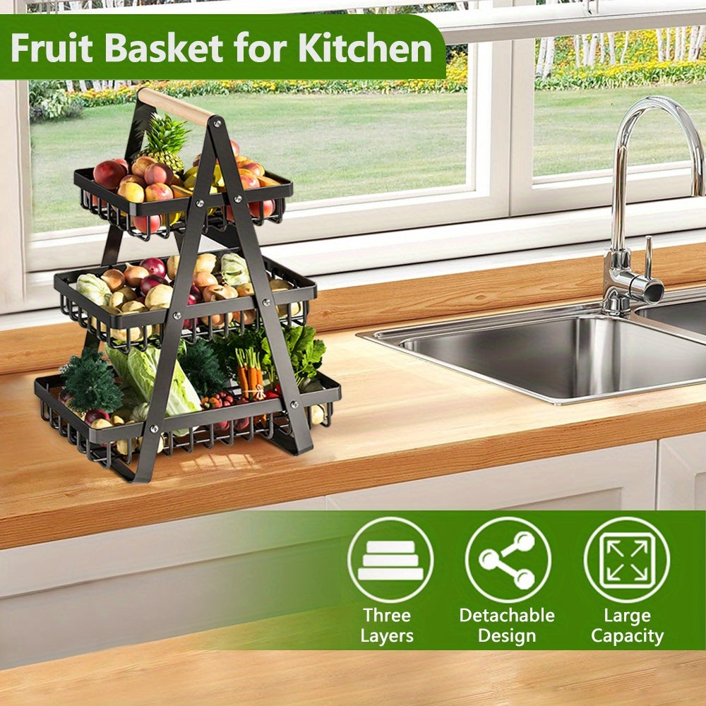1 Cesta de Almacenamiento de Frutas de Metal de Múltiples Niveles con Asas de Madera - 2 Niveles para Frutas, Verduras y Especias - Soluciones Modernas de Almacenamiento para Cocina, Baño y Hogar, Cesta de Frutas