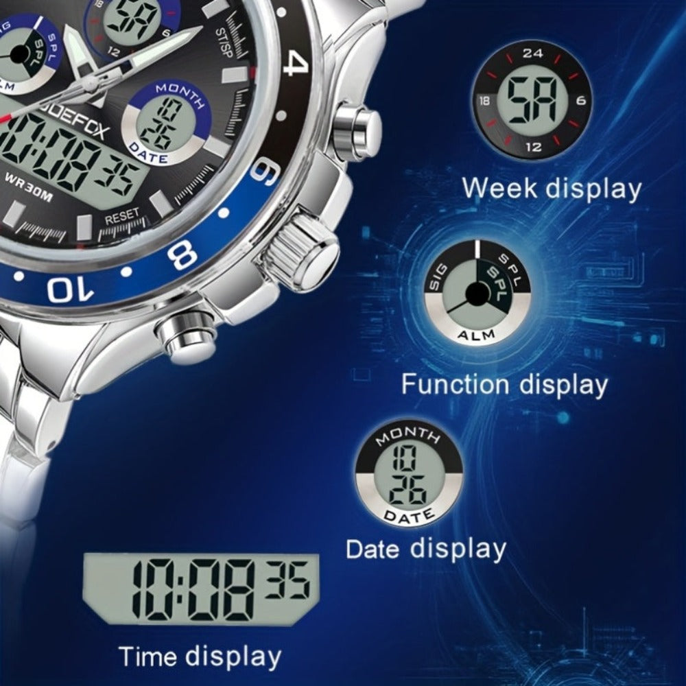 Reloj ejecutivo para hombre de inspiración vintage, cuarzo de doble pantalla con cronógrafo, alarma y fecha, correa de acero inoxidable, caja redonda de aleación de zinc, resistente al agua, a pilas