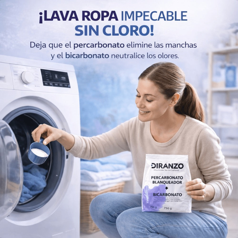 Percarbonato Blanqueador Diranzo, Percarbonato Sódico 750g, 100% Puro, Quitamanchas, Higienizante, Apto Ropa blanca y Color, Elimina manchas difíciles y olores, Alarga la vida de la Lavadora